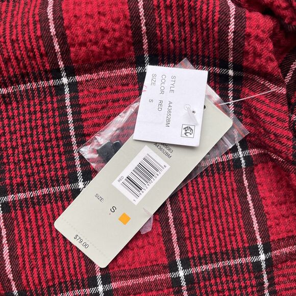 Ali Miles Tunic Top Small Plaid Wire Collar 3/4 Cinched Oversized Red Lagenlook - Picture 3 of 7